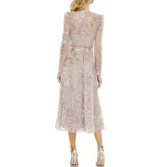 Mac Duggal Midi Dress 10 Beaded Crew Neck Illusion Long Sleeve Pink Rose $598 - Picture 2 of 16